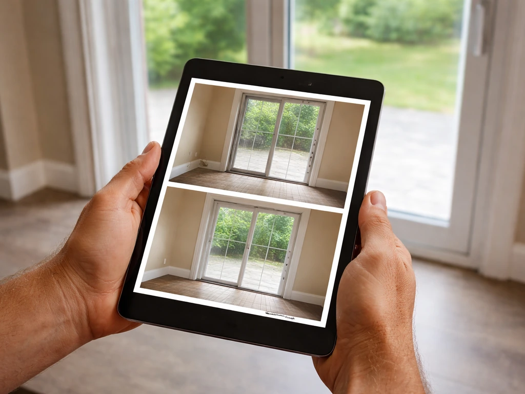 Technician holding a tablet showing before-and-after patio door installation photos on a clean patio home interior