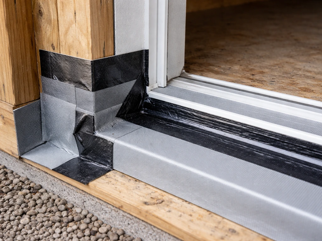 Close-up of patio door rough opening with flashing tape and sealant barriers to prevent leaks.
