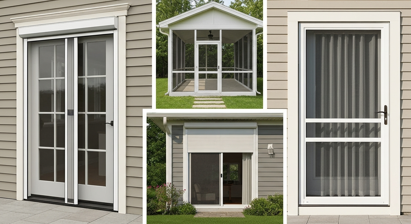 Collage of patio screen door alternatives including a retractable screen, magnetic mesh curtain, storm door with screen panel, screened porch, and roll-down solar shade.