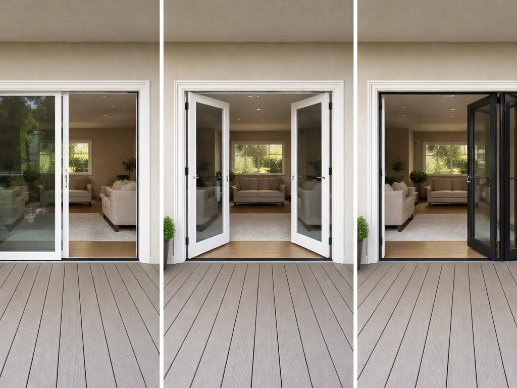 Three patio doors shown side-by-side, with sliding, French, and bifold designs each opened to show clearance.