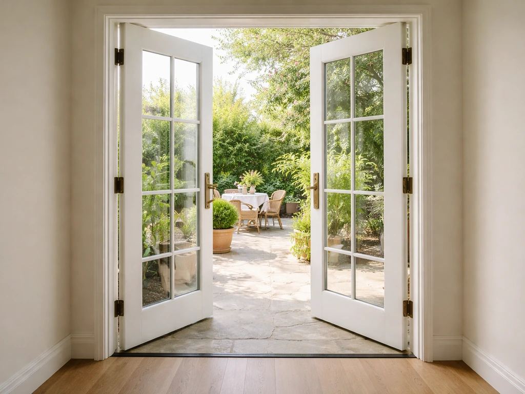 French patio doors opened wide, showing hinged panels and visible hardware with natural light.