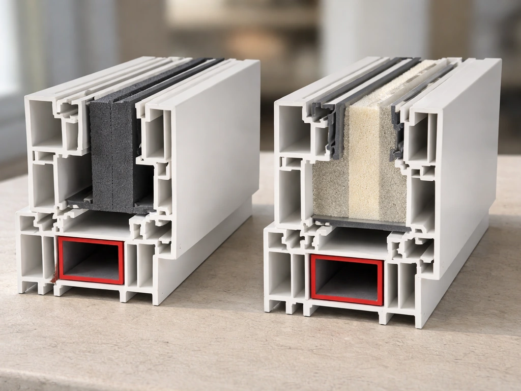 Close-up of a window frame cross-section mockup showing vinyl with thermal break and insulating layers.