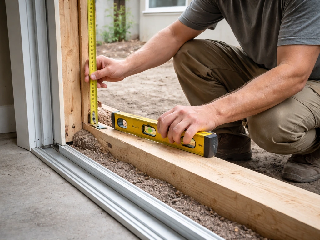 DIY hands measure a patio door rough opening with a tape measure and level outdoors.