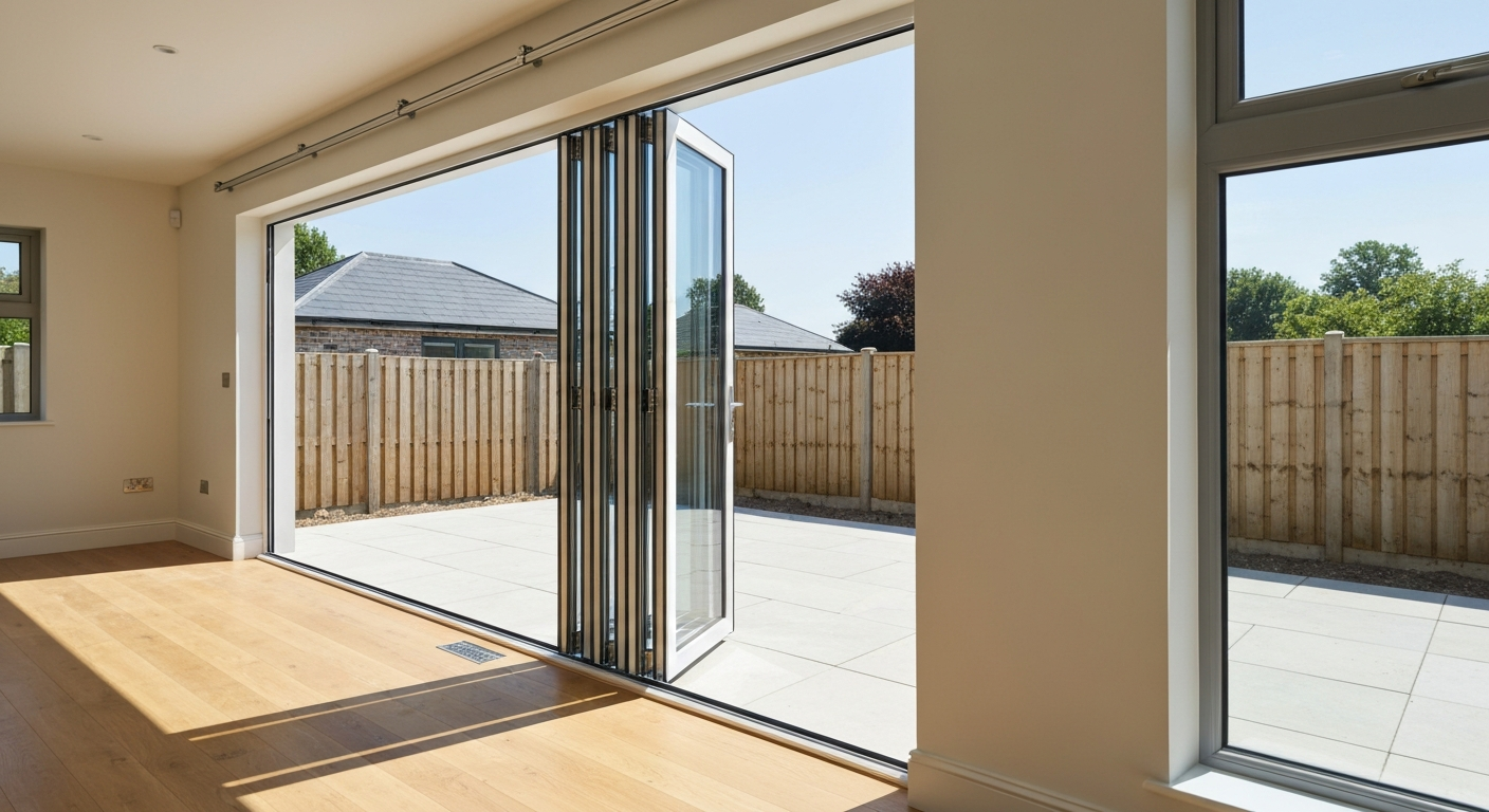 Interior wide shot of a modern room with aluminum bifold doors fully open to a backyard, showing folded panels, threshold, and track details.