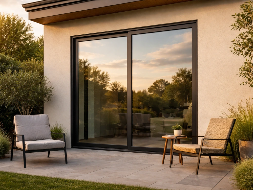 Modern home patio with a premium glazed energy-efficient patio door in soft daylight.