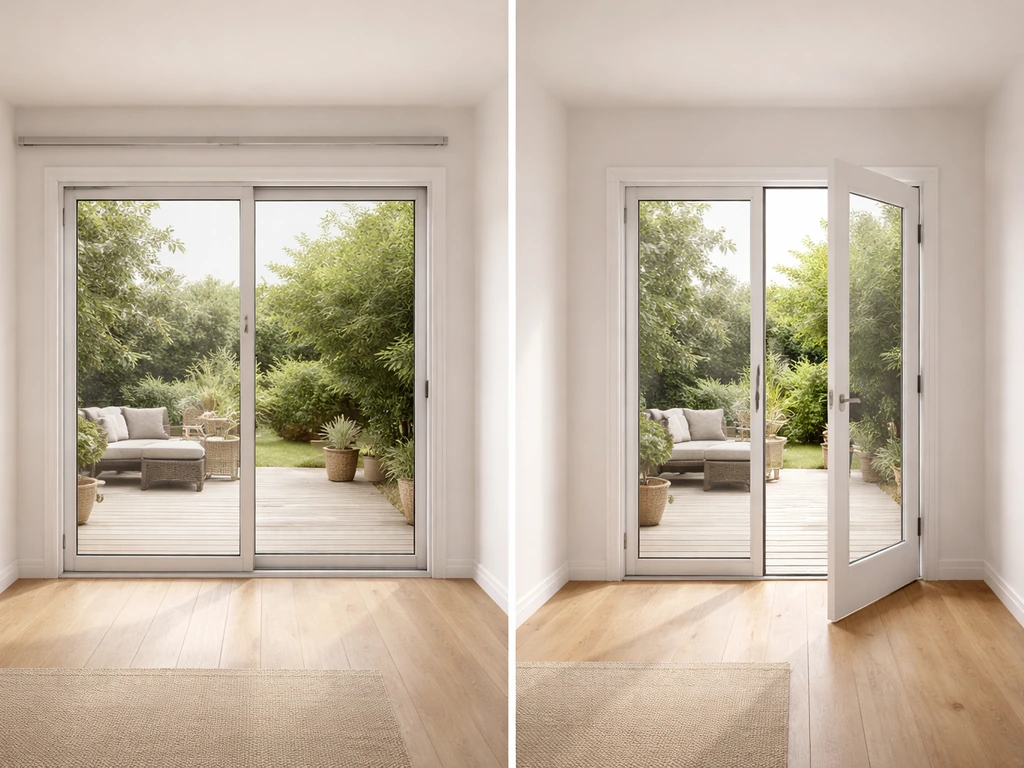 Modern interior view showing sliding glass door track versus swing door clearance in one frame.