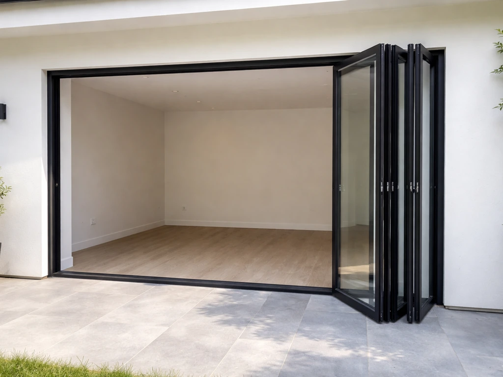 Wide open folding/bifold patio doors with glass panels stacked to one side, showing maximum clear opening.