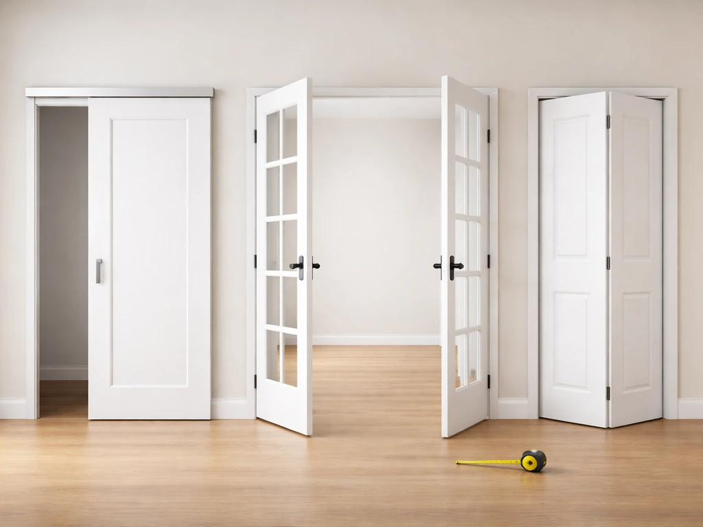 Three real door types side-by-side—sliding, French, and bifold—showing open space needs in a minimal room.