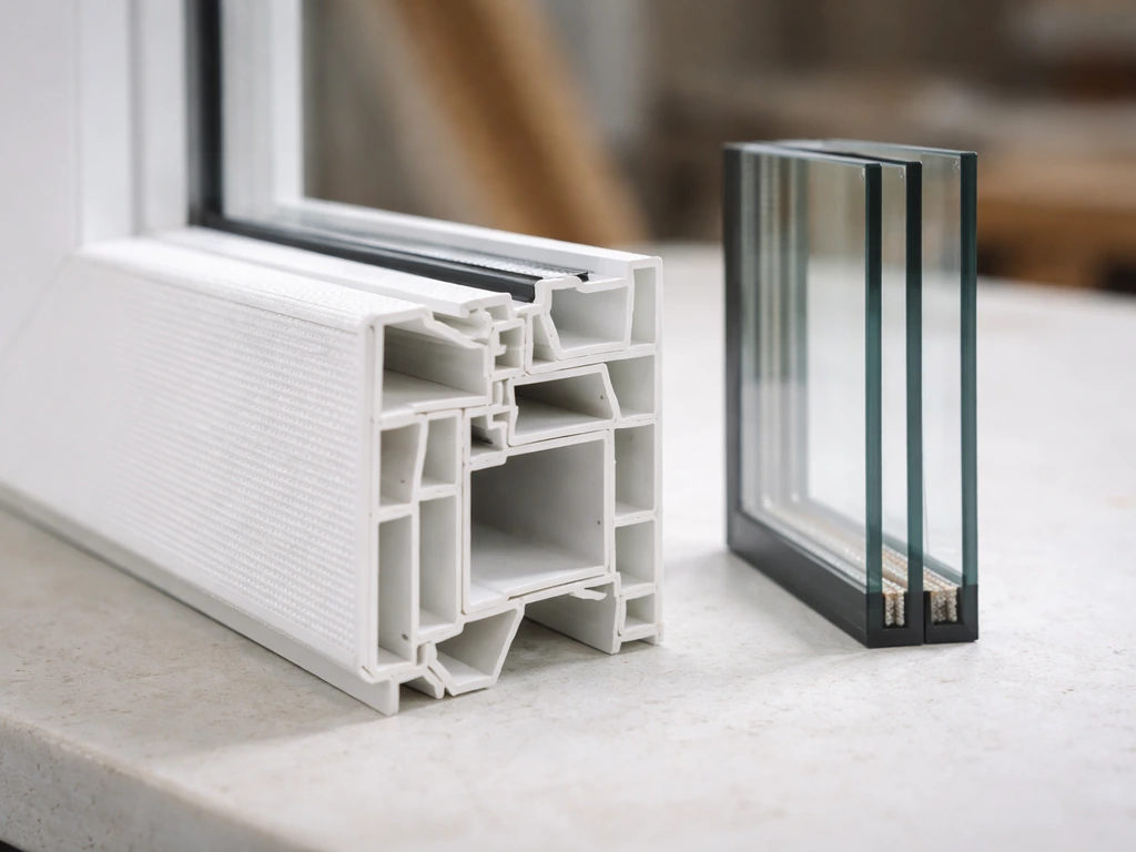 Close-up of a textured fiberglass window frame beside insulated glazing on a workbench.
