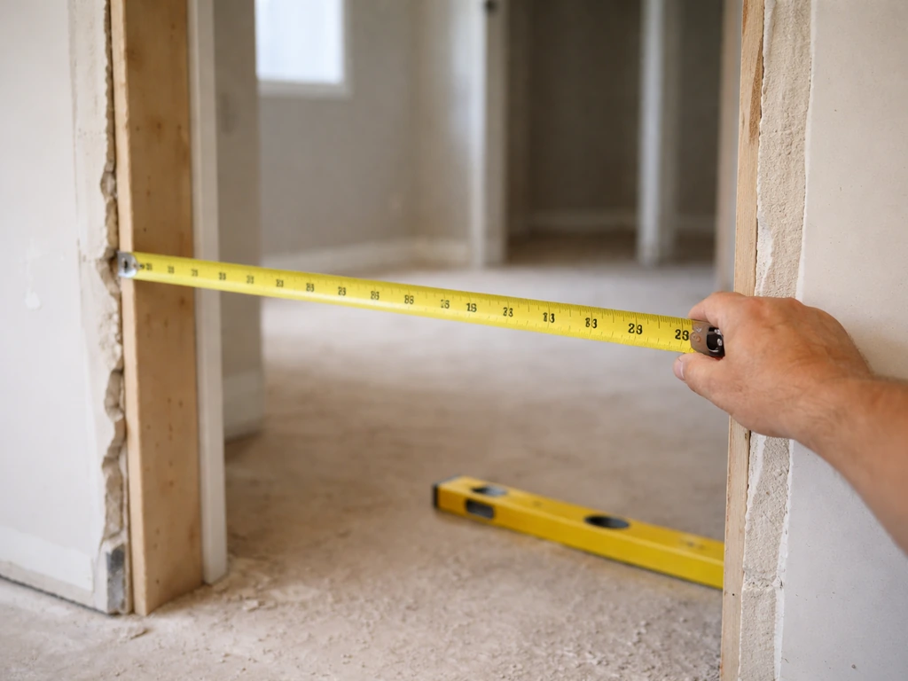 Close-up of a hand measuring a door rough opening with a tape measure and level in an unfinished doorway.