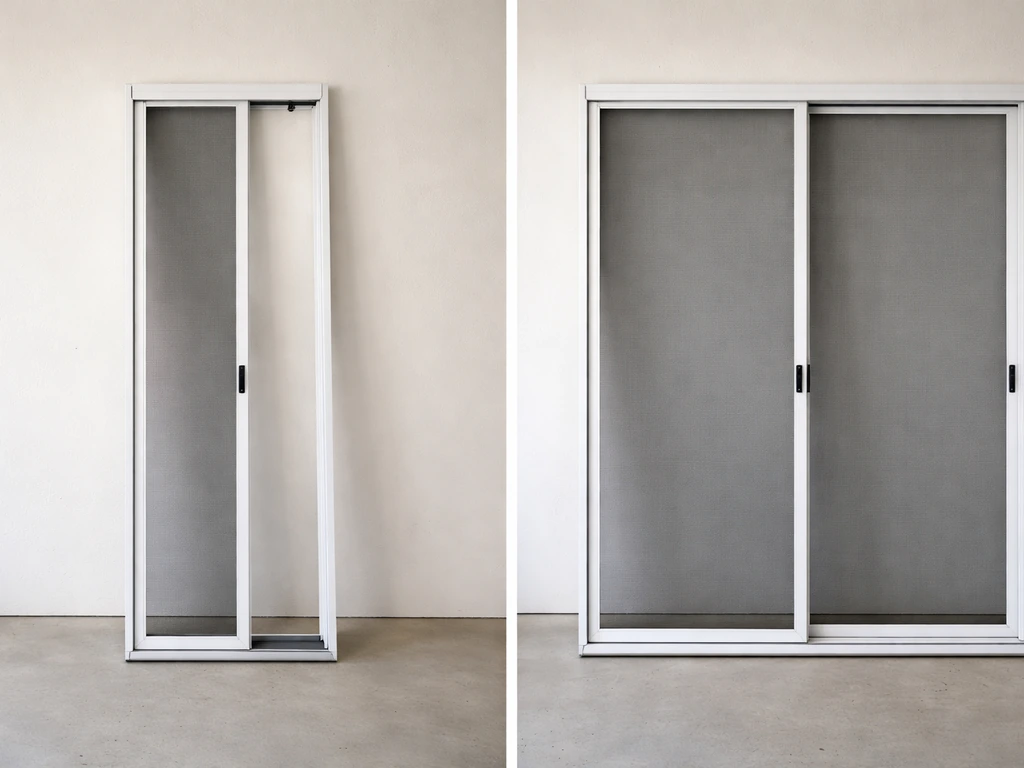 Side-by-side images of a standalone sliding screen panel and a full sliding screen door assembly.