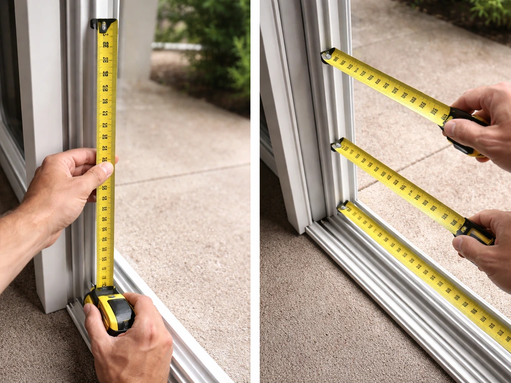 Hands measuring a sliding patio door track opening width and height with a tape measure