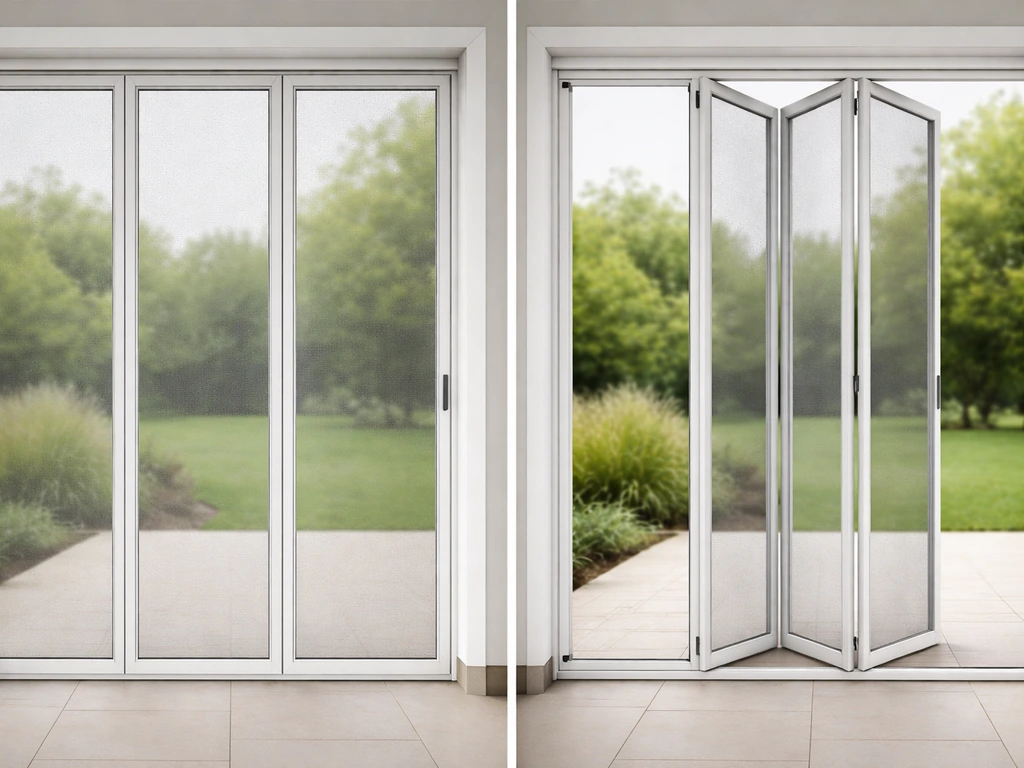 Minimal patio view showing bifold screen panels both closed and partially open in one frame