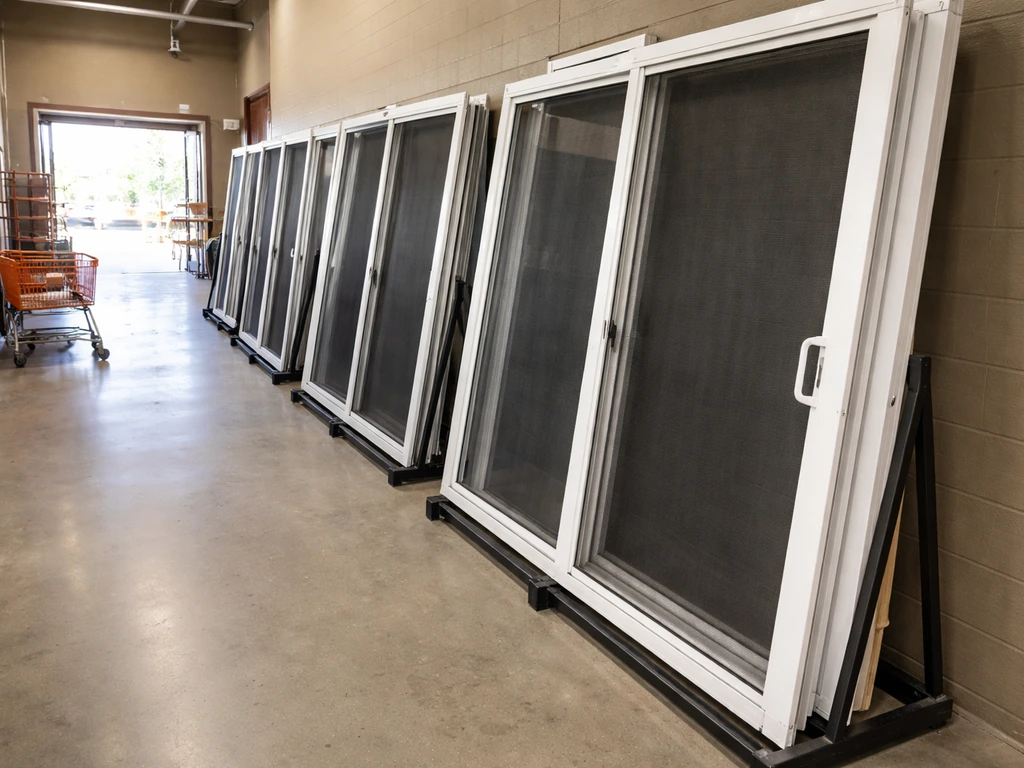 Minimal retail aisle with sliding patio screen door display panels in a home improvement store