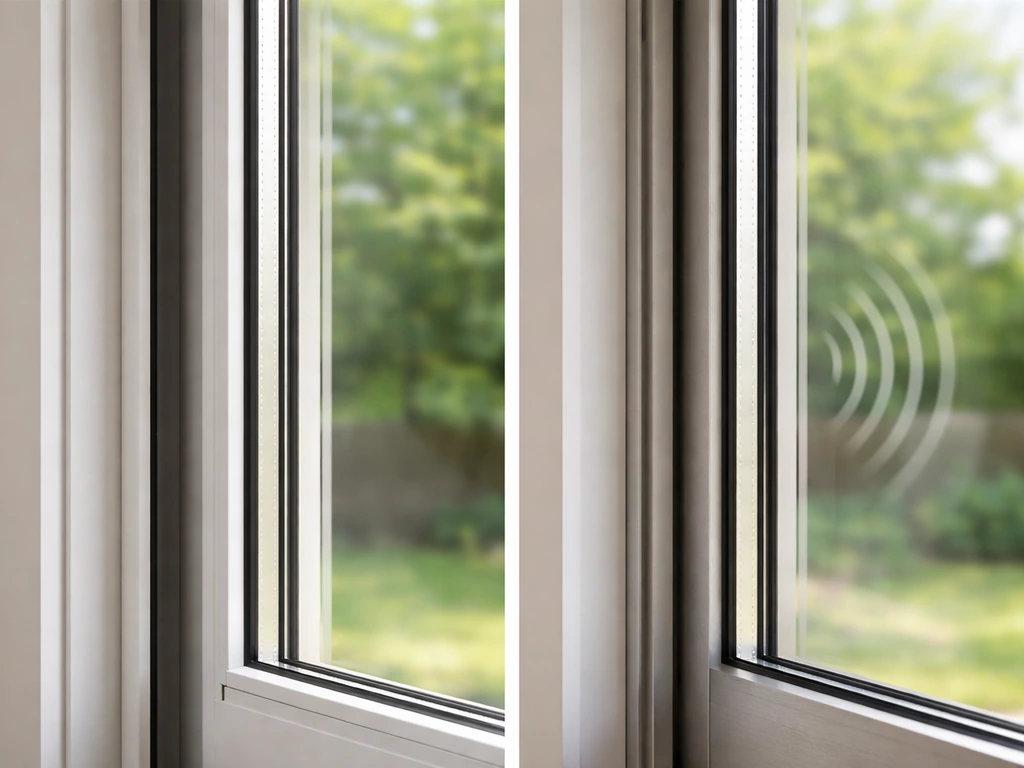 Side-by-side vinyl and aluminum sliding patio doors highlighting sealed edges and acoustic glass for noise reduction.