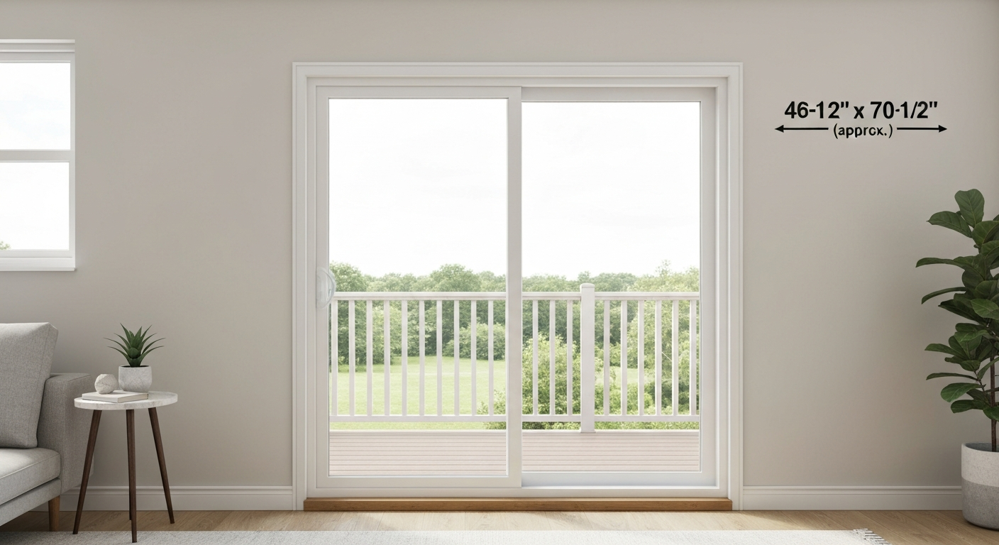Interior view of a narrow two-panel sliding patio door with a semi-transparent overlay showing dimensions of approximately 46-1/2" x 70-1/2".