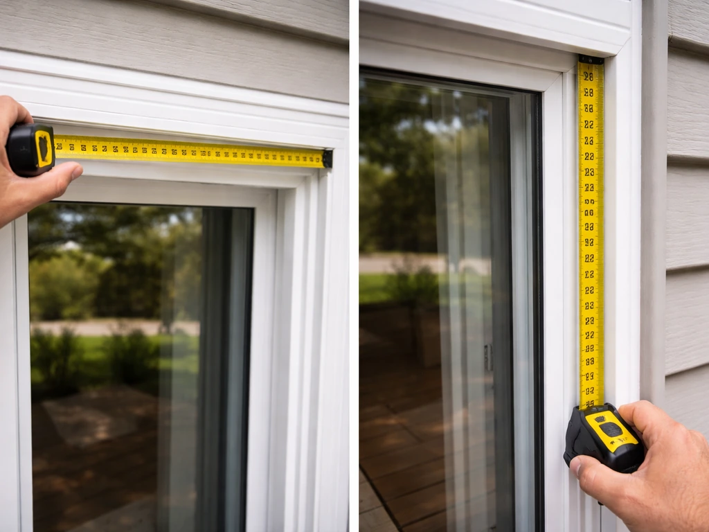 Close-up of a tape measure extended across a patio door frame to measure opening width and height.