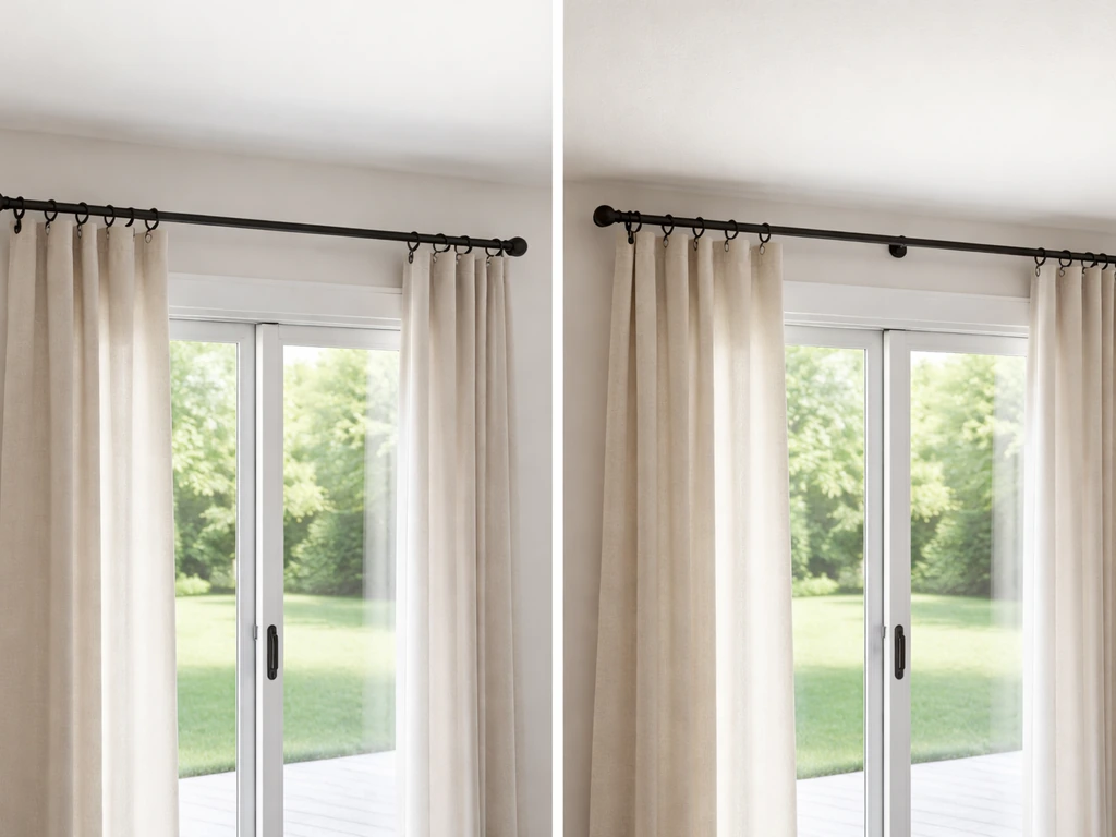 Patio door with curtain rods shown in wall-mounted and ceiling-mounted setups side-by-side