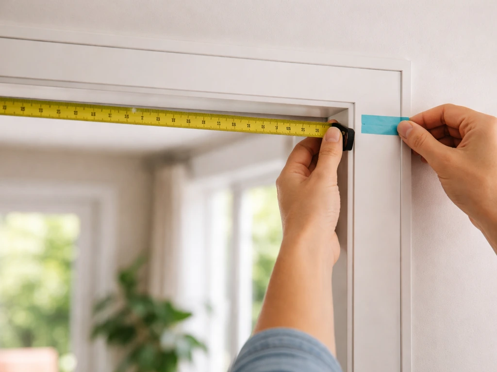 Close-up of hands measuring a door frame with a tape measure and marking overhang clearance for a curtain rod.