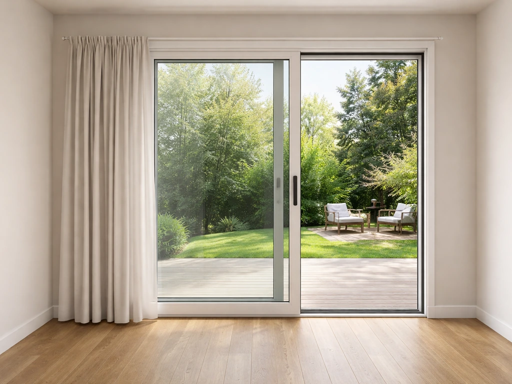 Curtains fully pulled to the sides next to an open sliding patio door, unobstructed track area