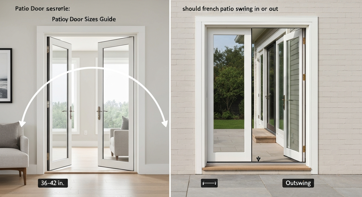 Split photorealistic image comparing inswing (interior view with sweep arc overlay) and outswing (exterior view with exposed hinges) French patio doors.