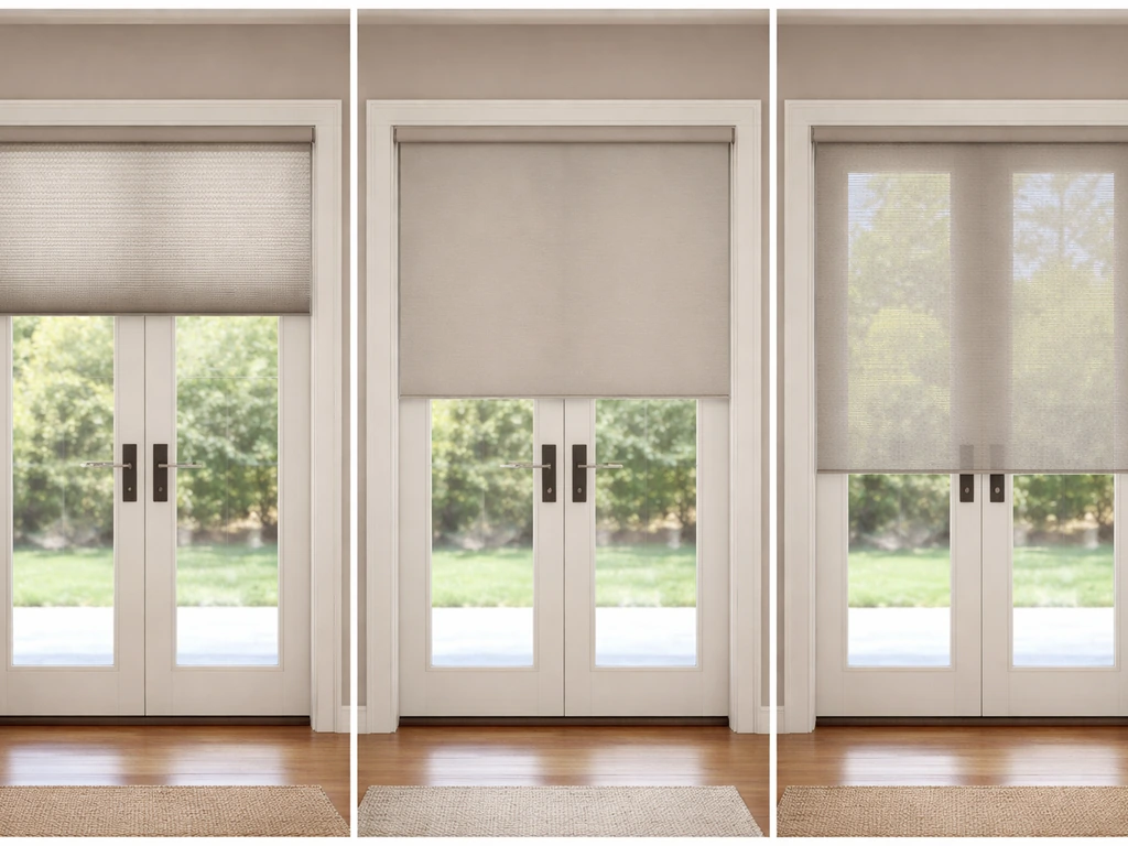 Side-by-side comparison of cellular, roller, and solar blinds across a French patio door opening.