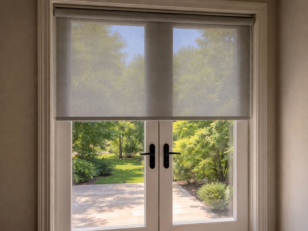 Solar roller shade partially drawn over a French patio door, filtering bright afternoon sunlight outdoors visible.