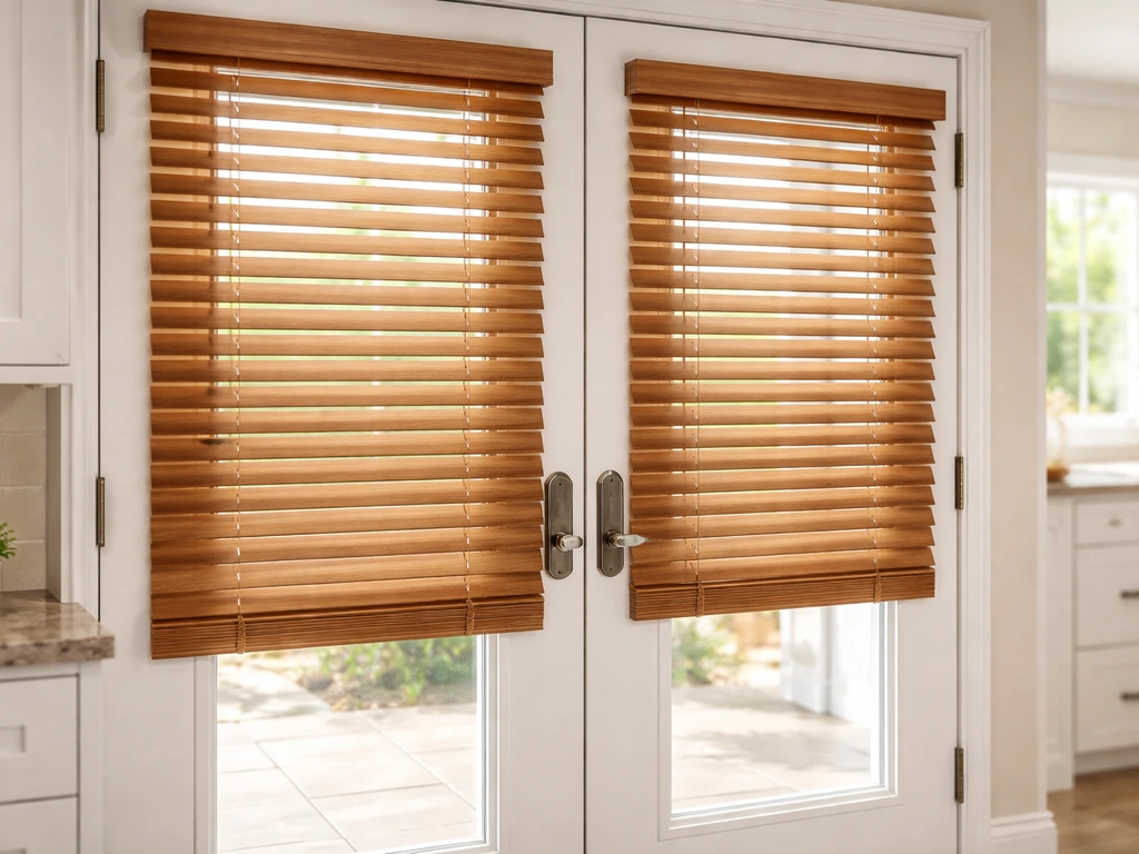 Close-up of faux-venetian blinds on French patio doors with clean, straight slats in a sunlit kitchen.