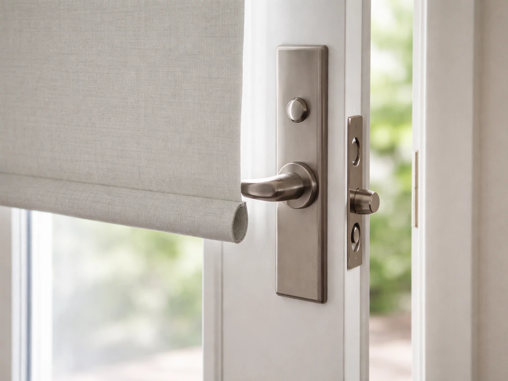 Close-up of a roller blind edge near a French door handle and latch, demonstrating clearance to prevent catching.