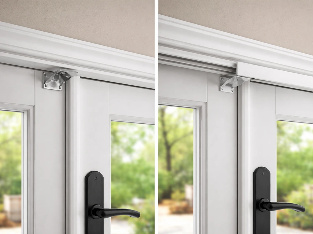 French patio door with incorrect inside-mount hardware on one side and correct outside-mount alignment on the other.