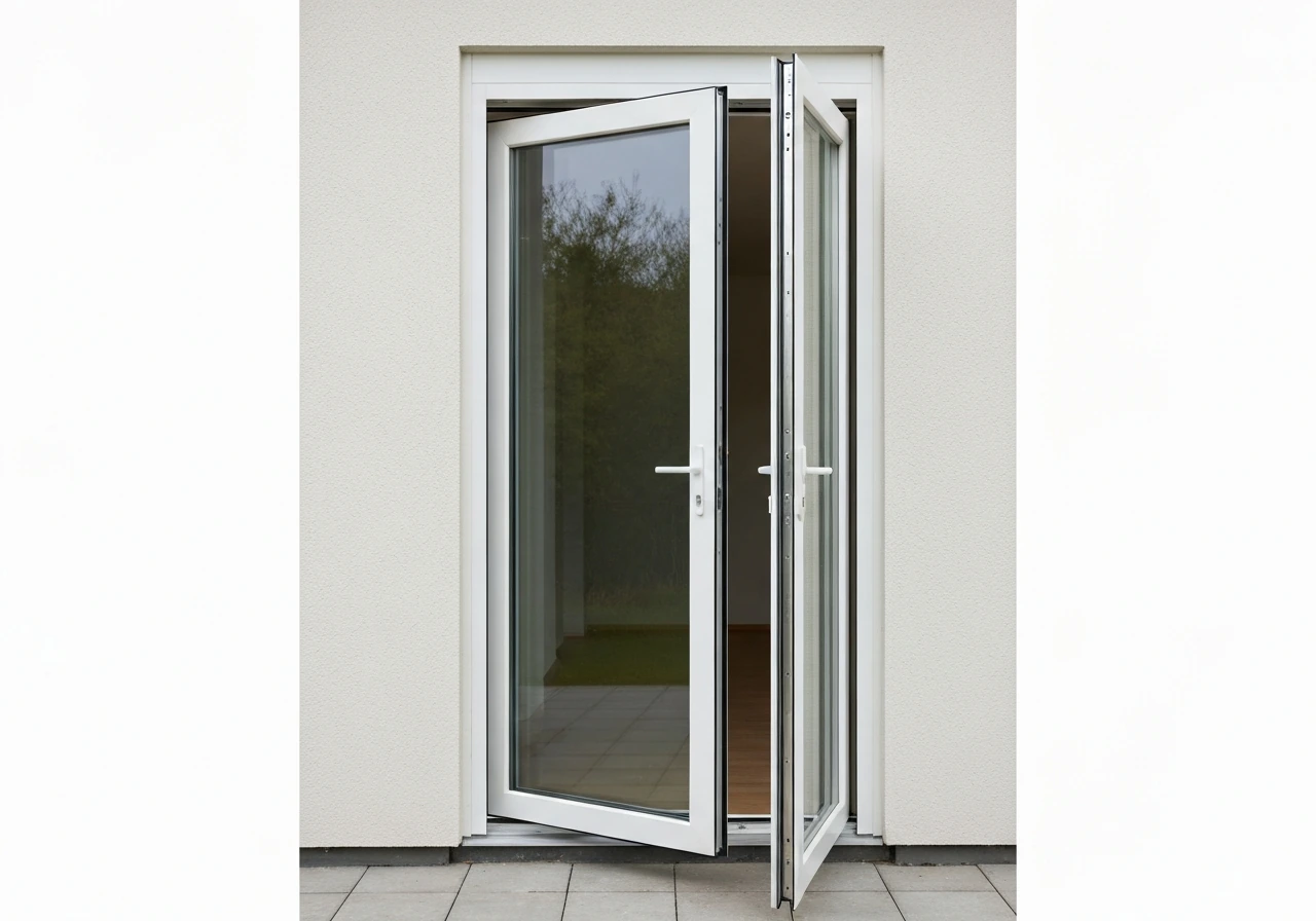 Minimal photo of an open patio door showing a vertical center post hinge area and swing space