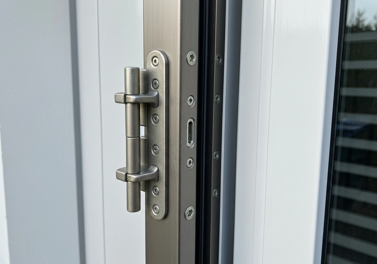 Close-up of two-panel center-hinged patio door hardware with center post, hinges, and multi-point lock.