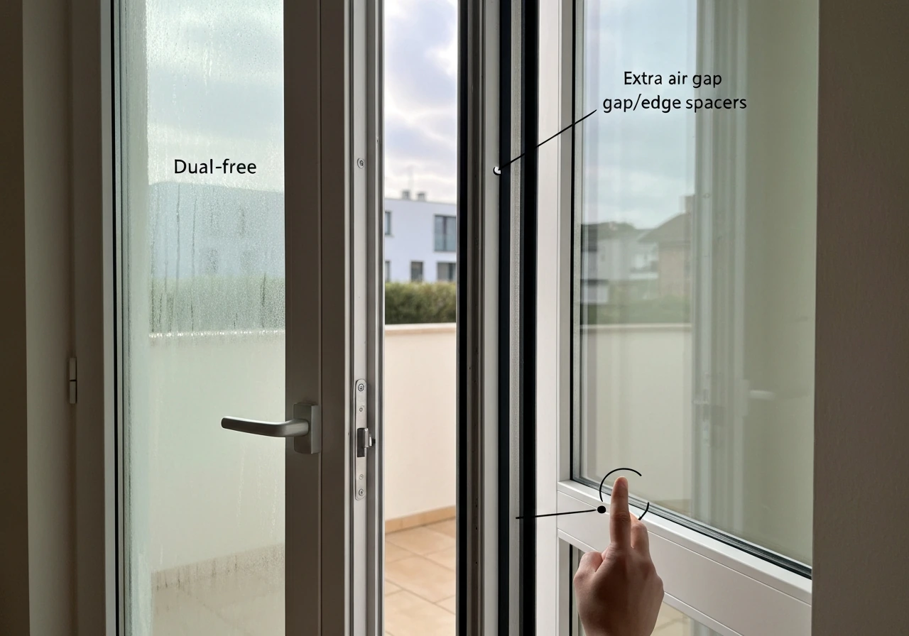 Open patio door frame with side-by-side dual-pane and thicker triple-pane glass panels and visible spacers.