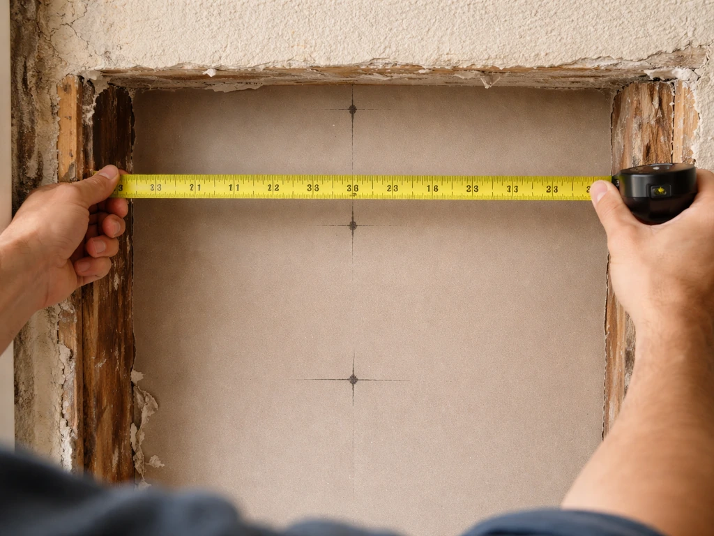 Hands measuring a rough opening width at top, middle, and bottom with a tape measure.