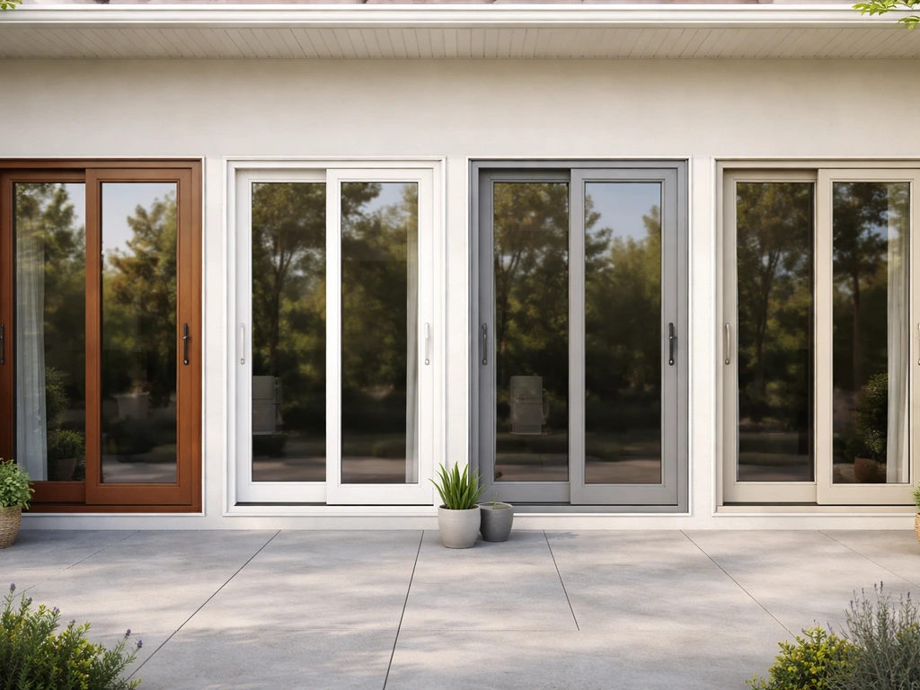 Sunny patio exterior showing wood, vinyl, aluminum, and fiberglass patio door styles side by side.
