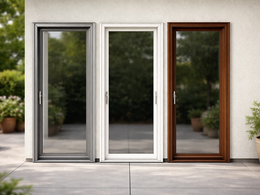 Minimal patio with door panels in three material finishes under soft daylight, suggesting scenario-based choices.