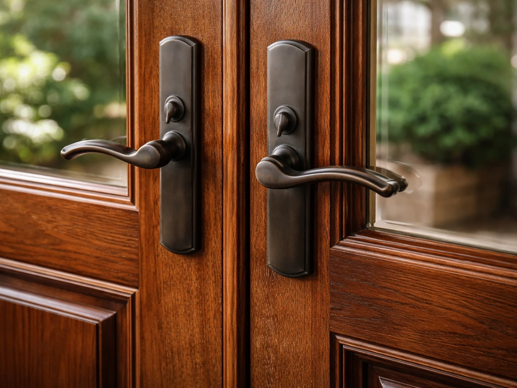 Close-up of a stained wood French patio door showing rich grain and smooth finish