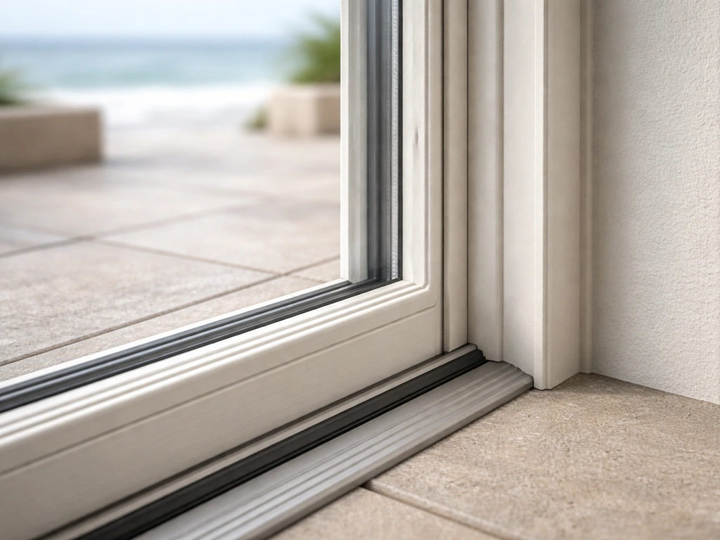 Close-up of a coastal patio door threshold and frame with weather-resistant fiberglass/vinyl finish.
