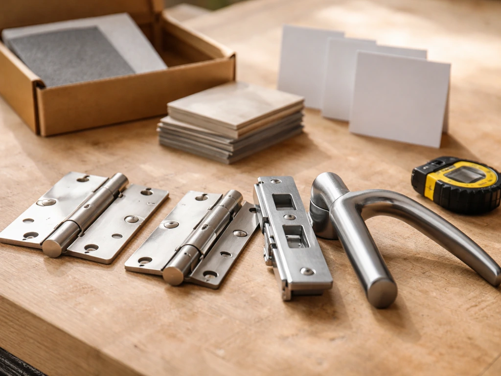 Close-up of French door hinges and lock hardware with blank sample cards for material comparison.