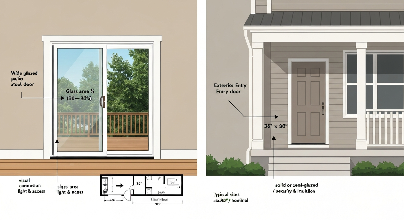 Split illustration: left shows a wide glazed patio door to a deck with dimension labels; right shows a single exterior entry door to a front porch with size and feature labels.