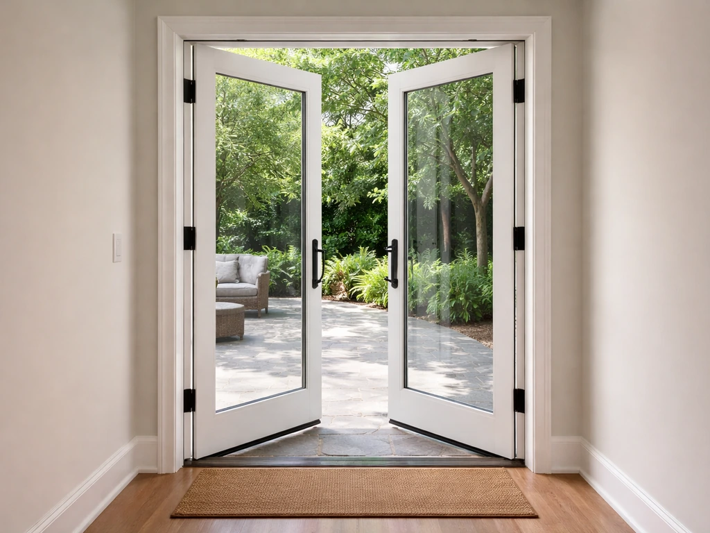 Two center-hinged patio door panels meet at the center rail, showing hinges along the side jambs.
