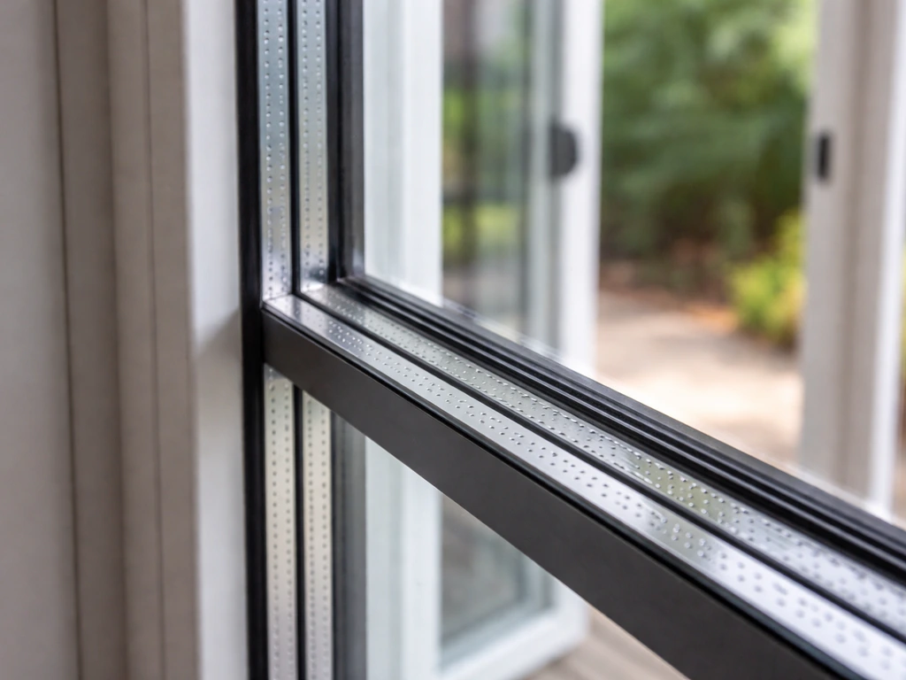 Close-up of an insulated patio door glazing edge showing double-pane Low-E glass and spacer.