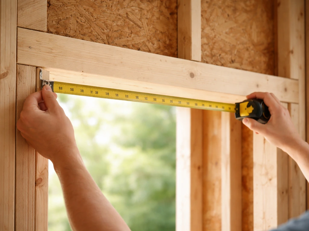Hands measuring a framed rough opening width with a tape measure against exposed studs.