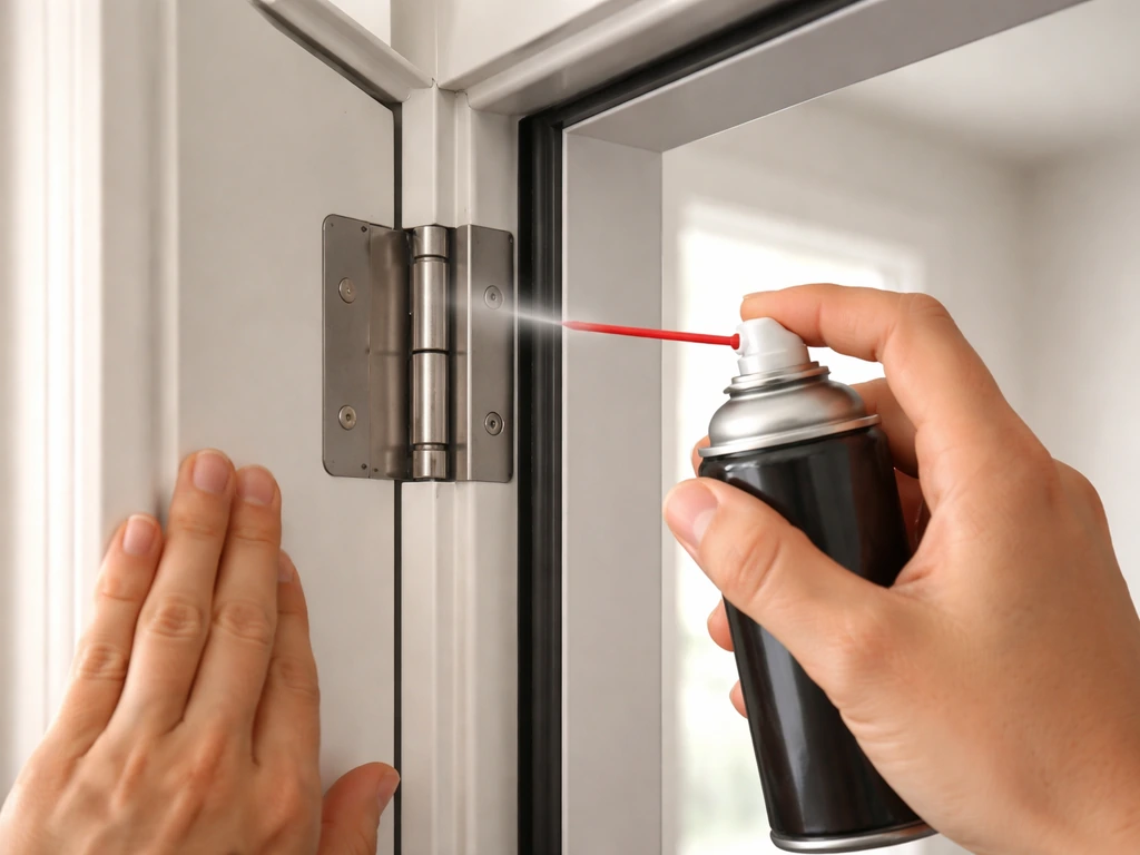 Close-up of a door hinge being sprayed with PTFE/silicone lubricant and a hand checking weatherstripping near the frame.