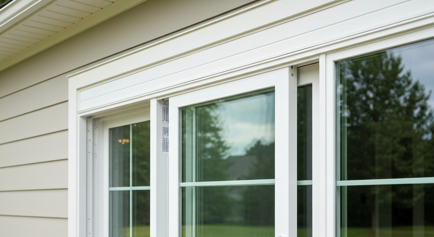 White vinyl sliding patio door in a home, slightly open with a visible frame label on the top rail.