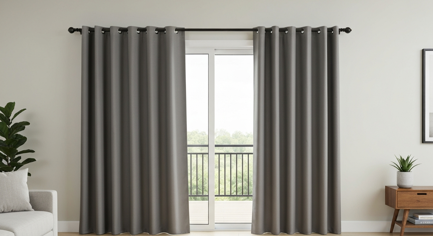 Living room with a single wide charcoal grommet-top blackout panel covering a sliding patio door, showing grommets and slight edge light bleed.