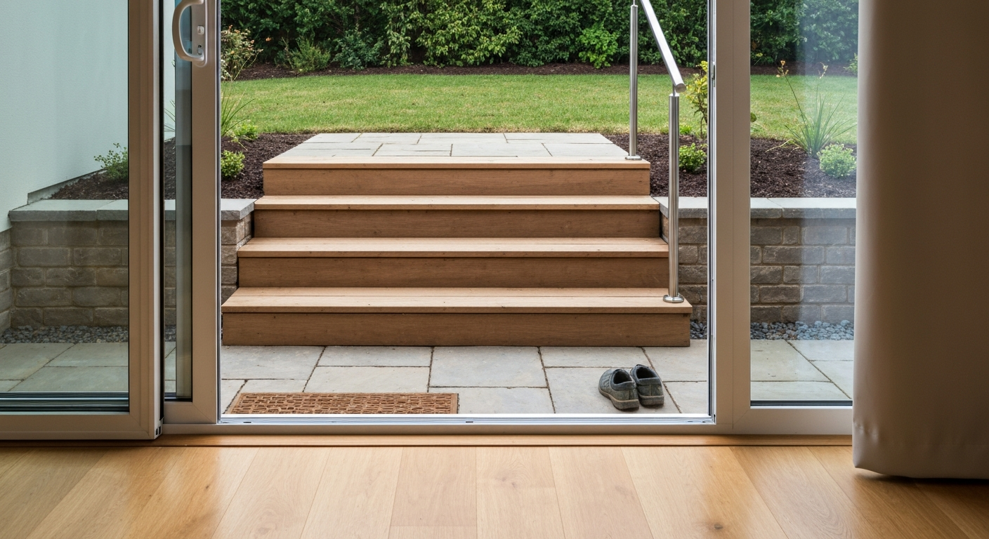 steps from patio doors to garden