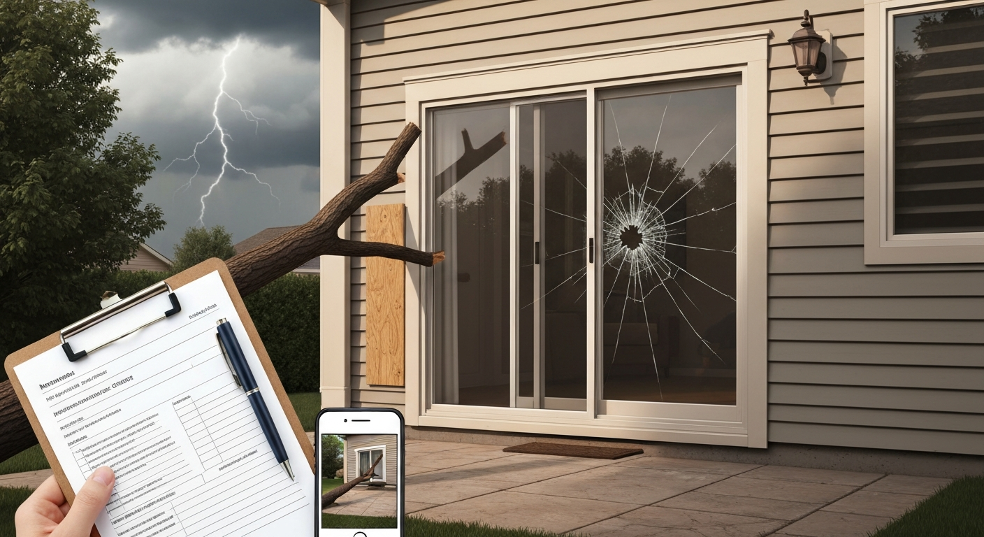 Suburban house patio door damaged by storm with an insurance claim form on a clipboard in the foreground.
