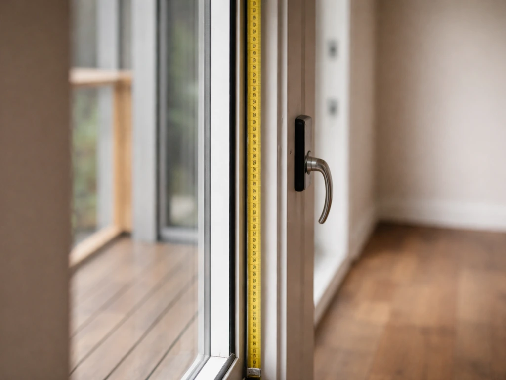 Close-up of a sliding patio door frame with a measuring tape showing the vertical height dimensions.