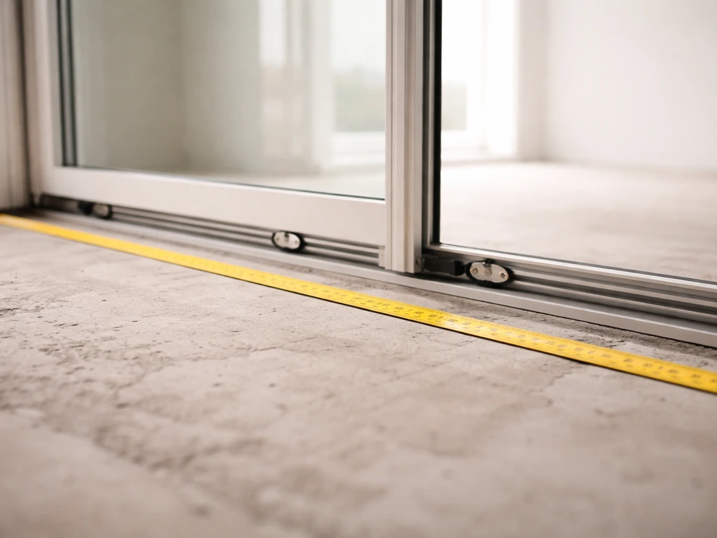 Close-up of a sliding patio door track with a measuring tape across the opening for width.